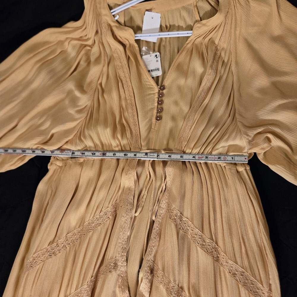 Free People Dress Womens Large Gold Crossroads Maxi V-Neck Sleeve Boho Peasant - Picture 4 of 16